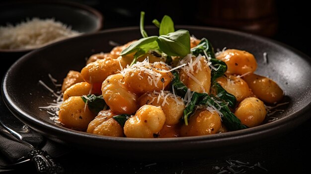 Foto una ciotola di gnocchi con sopra gli spinaci