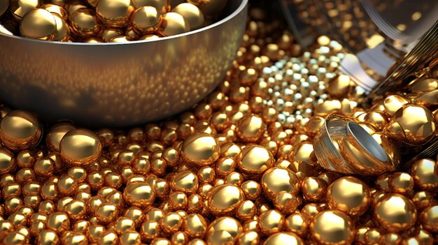 A bowl of gold balls sits on a table.
