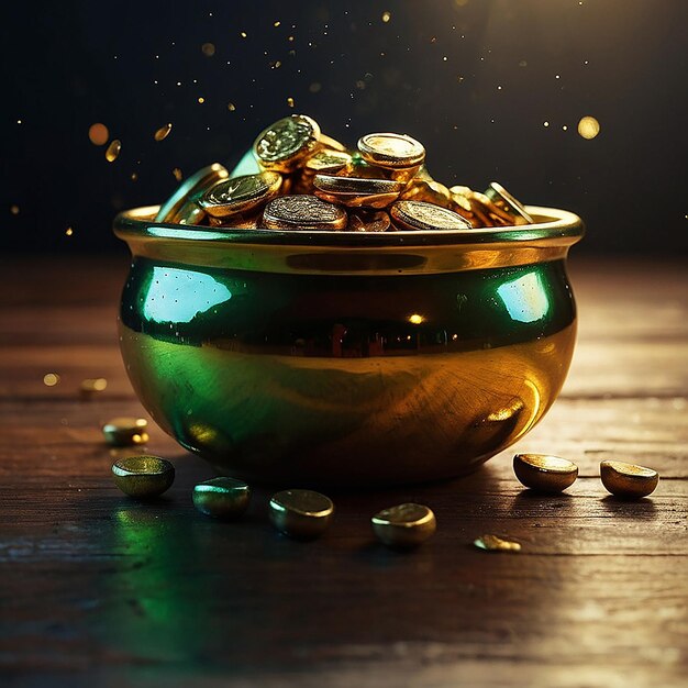 Photo a bowl of gold coins with gold coins on a table