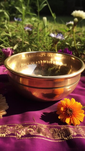 Photo a bowl of gold colored flowers is on a purple cloth