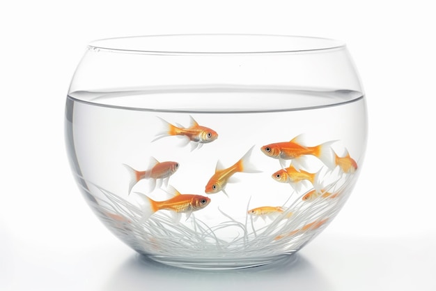 A bowl of goldfish is filled with many other fish.