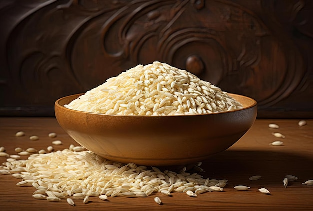 the bowl of grains that is made of white seeds in the style of focus stacking