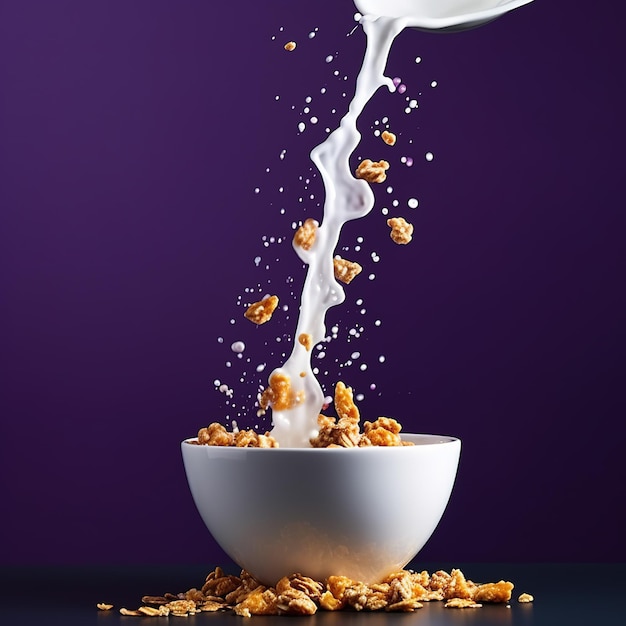 A bowl of granola being poured into a bowl with a spoon.