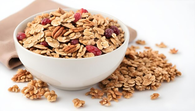 Photo bowl of granola isolated on white