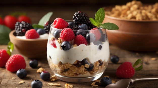 A bowl of granola with berries and granola on the table