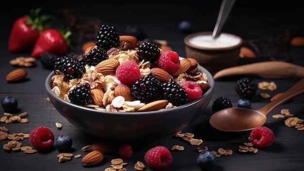 A bowl of granola with berries and nuts on it