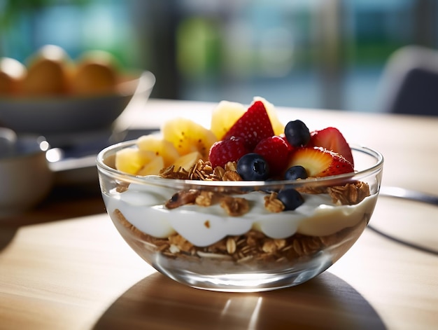 Bowl of granola with fruit and yogurt