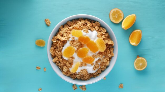 A bowl of granola with oranges and yogurt on top