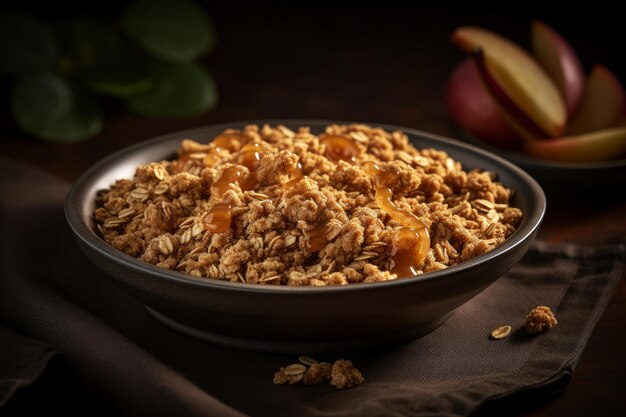 A bowl of granola with a slice of apple on the side