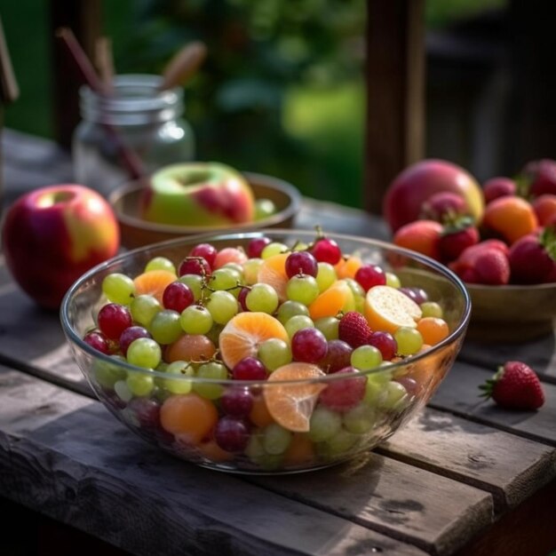 A bowl of grapes and apples are on a table.