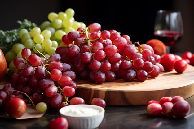 a bowl of grapes and a glass of wine are on a table with a plate of grapes generate by AI