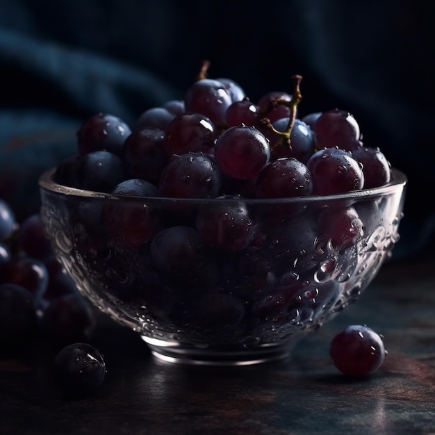 Чаша с виноградом стоит на столе с синей скатертью за ней.