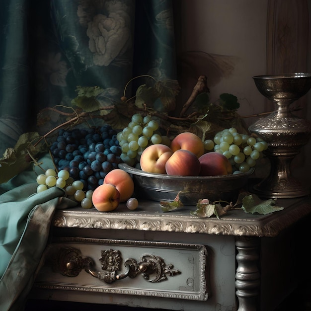 A bowl of grapes sits on a table with a vase of grapes.