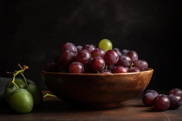 A bowl of grapes on a table with a black background.