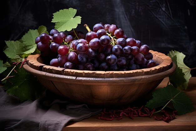 a bowl of grapes with a black background and a black background