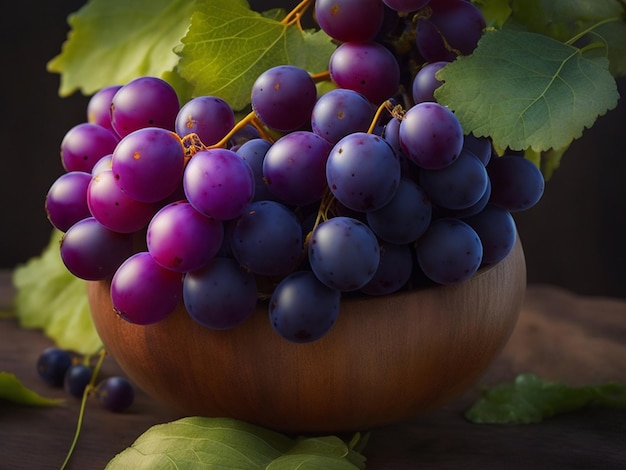 A bowl of grapes with leaves on the background