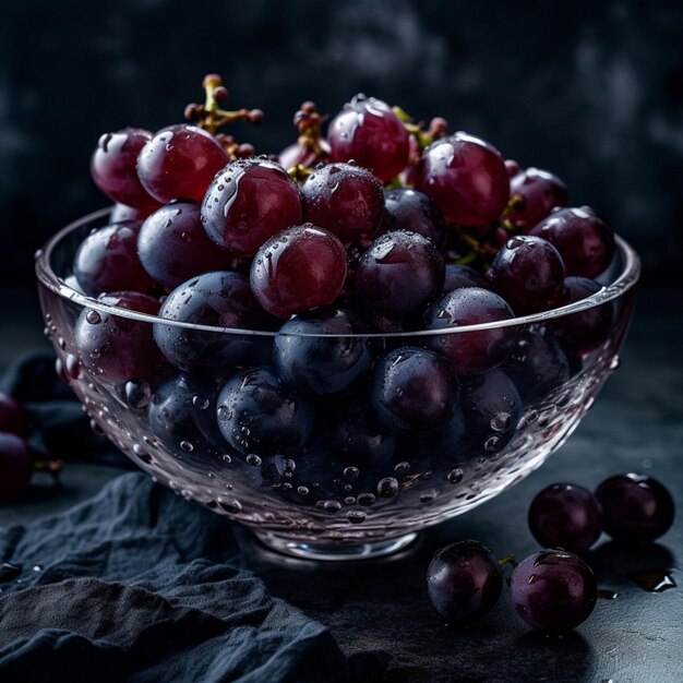 A bowl of grapes with water drops on the top