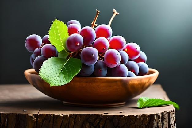 A bowl of grapes on a wooden table