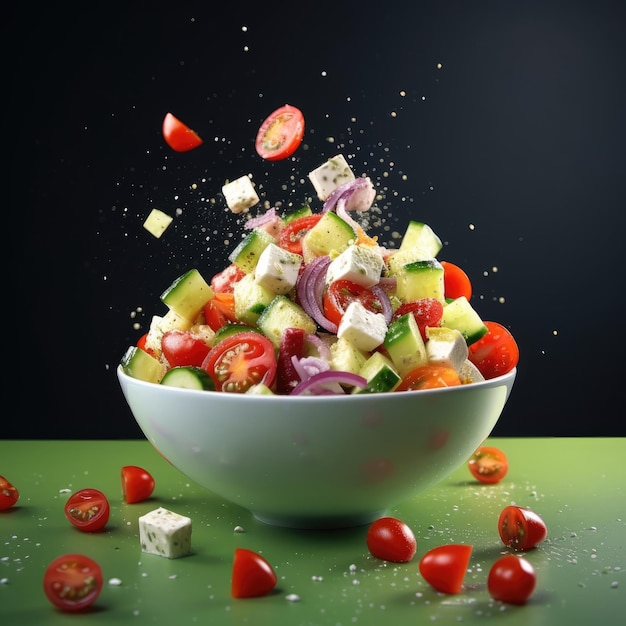 bowl of Greek salad floating on air with awesome studio background