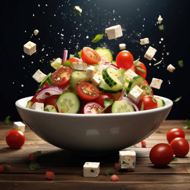 bowl of Greek salad floating on air with awesome studio background