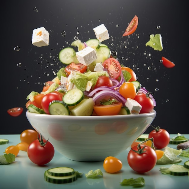 bowl of Greek salad floating on air with awesome studio background