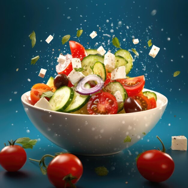 Bowl of greek salad on table and floating salad on air with studio background