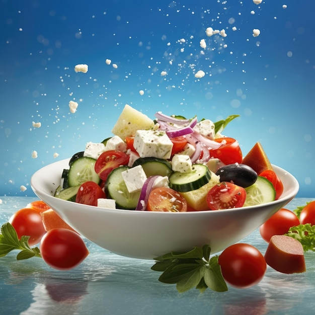Bowl of greek salad on table and floating salad on air with studio background