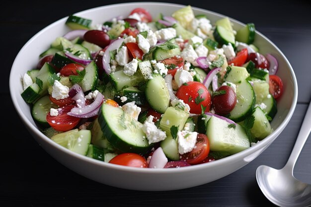 A bowl of greek salad with cucumber, tomato, cucumber, feta and feta cheese.