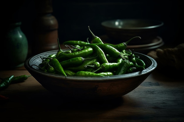 A bowl of green chilli sits on a wooden table.