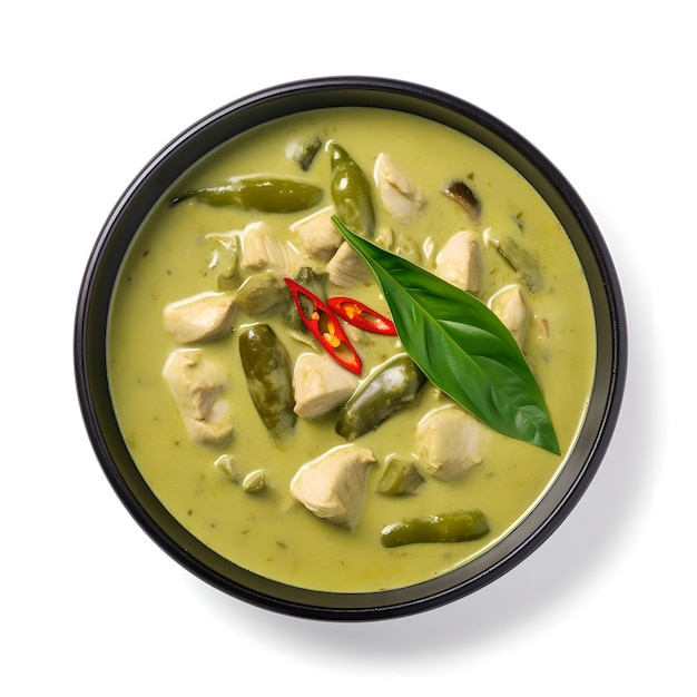 A bowl of green curry with chicken and green leaves.