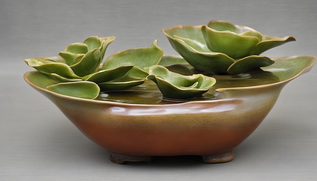 a bowl of green leafy plants sits on a table