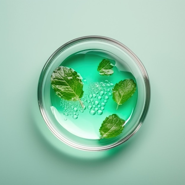 A bowl of green liquid with leaves and a green leaf in it.