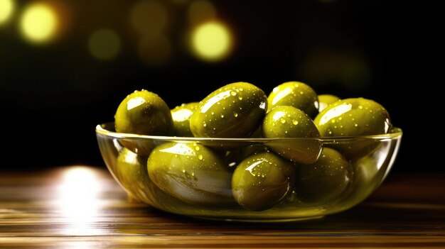 A bowl of green olives on a table