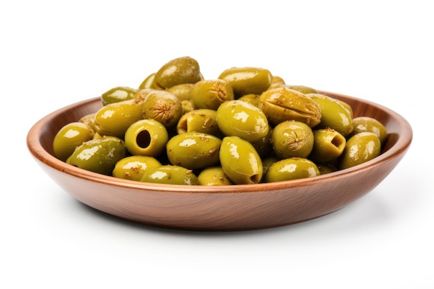 A bowl of green olives on a white background