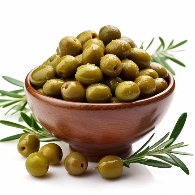 A bowl of green olives with a branch of olives