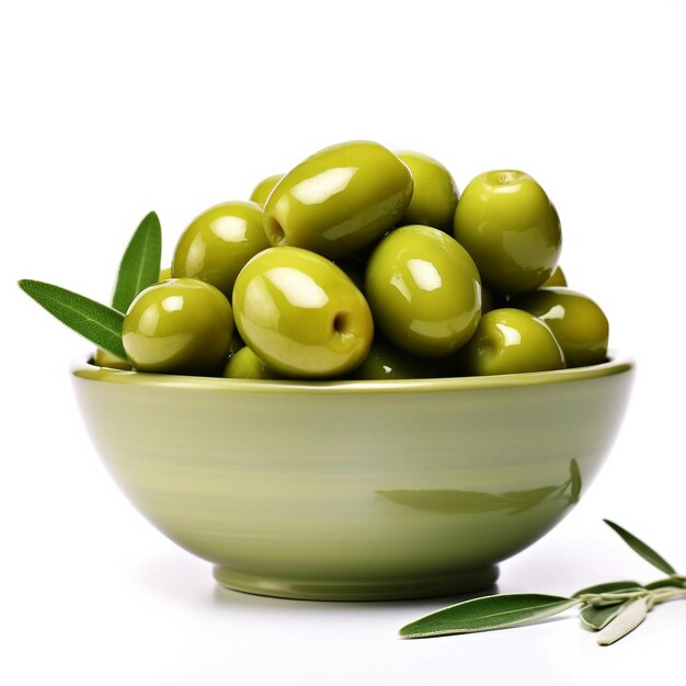 A bowl of green olives with leaves in it