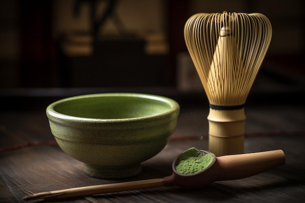 A bowl of green powder sits next to a bamboo spoon.