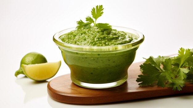 A bowl of green salsa with a lime wedge