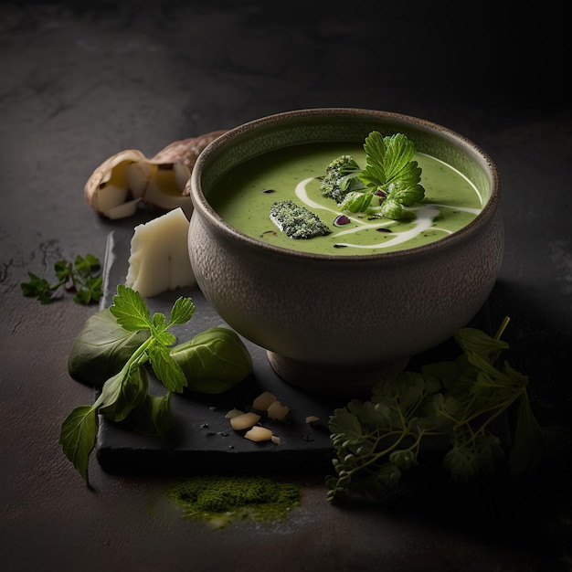 A bowl of green soup with broccoli and basil leaves.