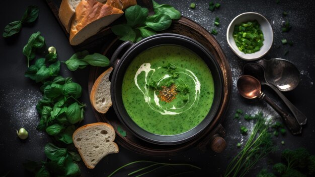 A bowl of green soup with a spoon and bread on the side.