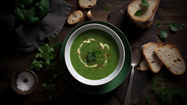 A bowl of green soup with a spoon next to it