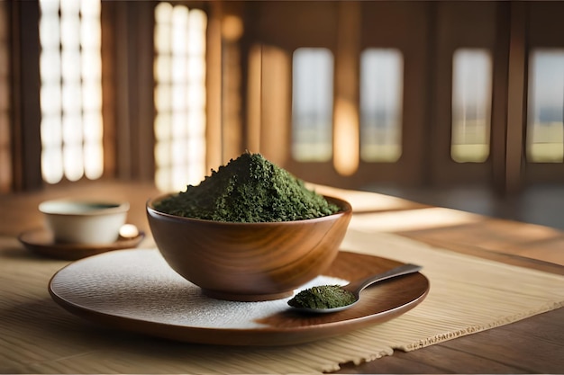 a bowl of green tea is on a tray with a spoon.