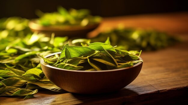 A bowl of green tea leaves sits on a table