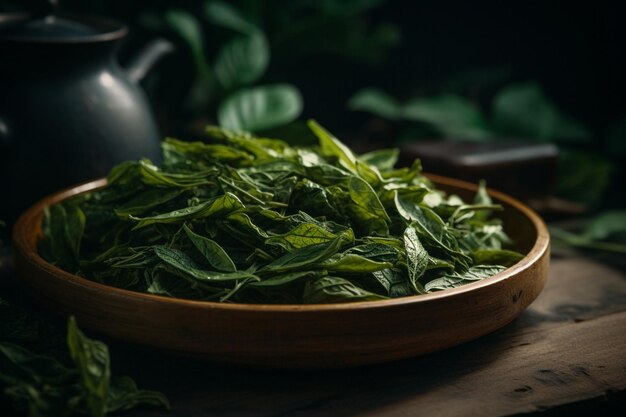 A bowl of green tea sits on a wooden table with a teapot next to it.