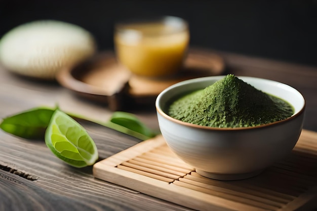 миска зеленого чая с зелеными листьями и миска зеленого чая на деревянном столе.
