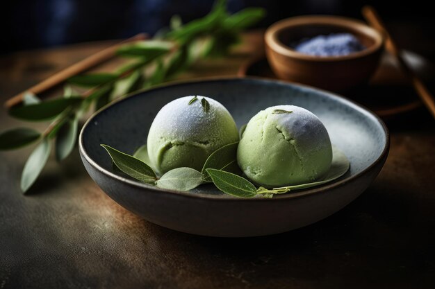 A bowl of green tea with two white balls of food on a table.