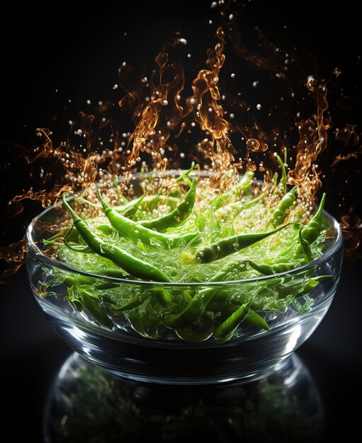 Photo a bowl of green vegetables with water drops on a black background