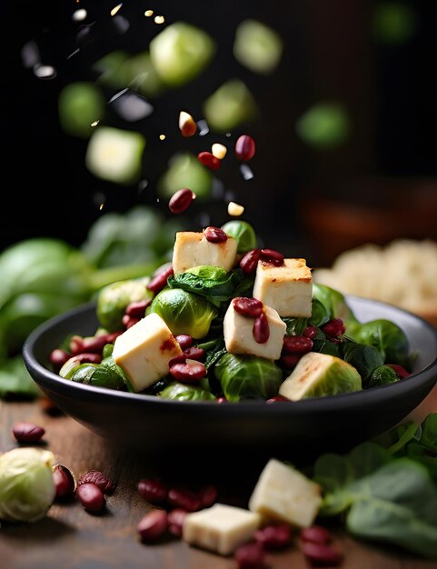 a bowl of green and white cheese and red beans