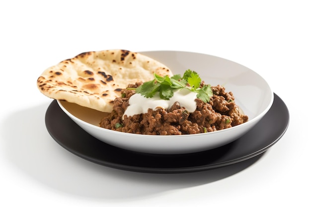 A bowl of ground beef with a flat bread