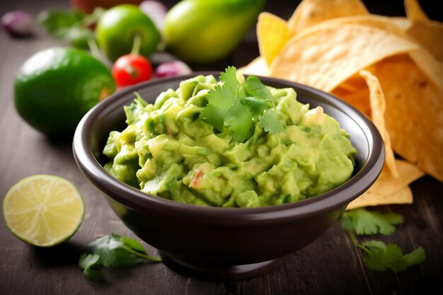 A bowl of guacamole with chips on the side